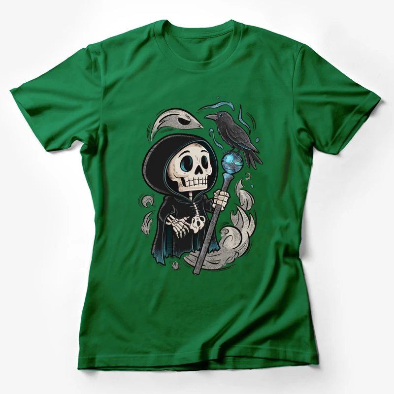 skeleton grim reaper raven staff occult gothic cartoon illustration Female T-Shirt