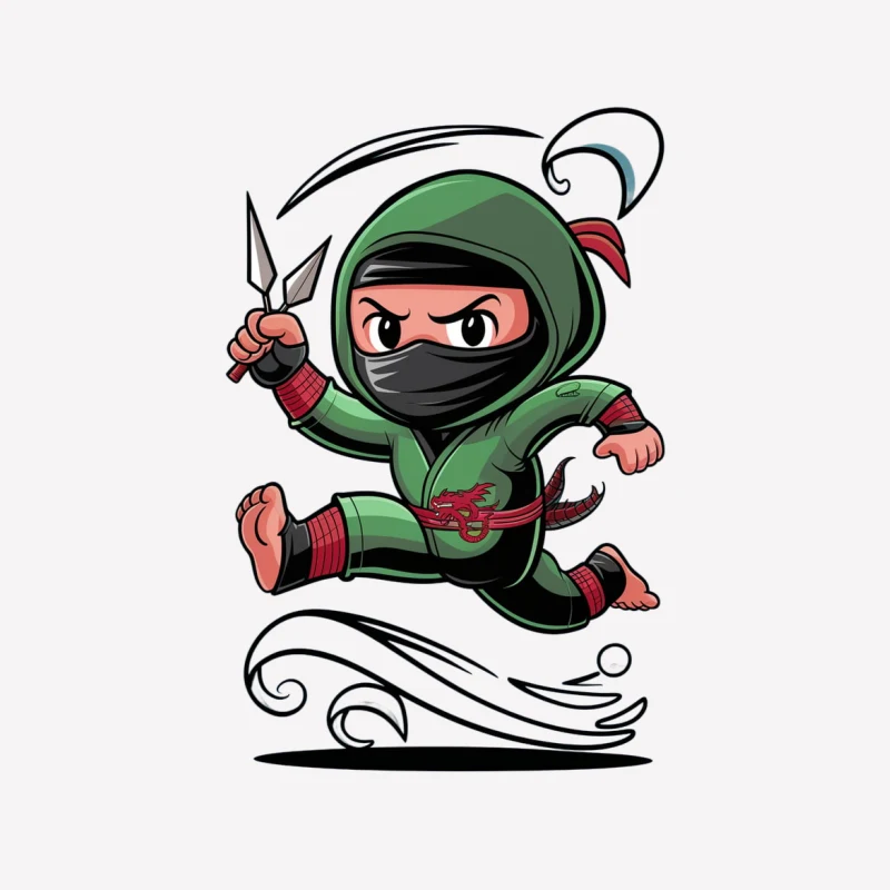 ninja cartoon character green outfit kunai running action animated Male T-Shirt