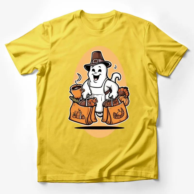 host thanksgiving cartoon character pilgrim hat pumpkins coffee shopping bags fall season Male T-Shirt