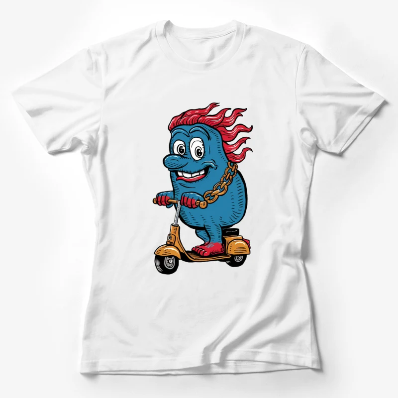 cartoon character scooter blue monster red hair chain necklace illustration colorful quirky Female T-Shirt