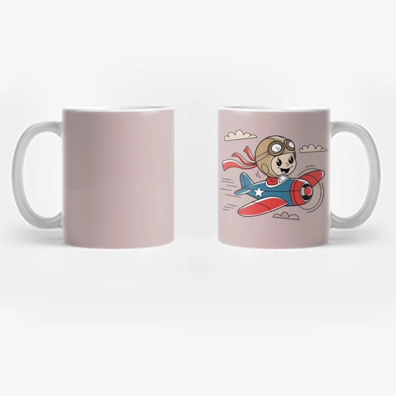 Cute Vintage Cartoon Pilot Flying Red and Blue Airplane Coffee Mug