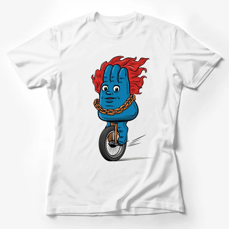 cartoon character blue creature unicycle red hair gold chain surreal whimsical illustration Female T-Shirt