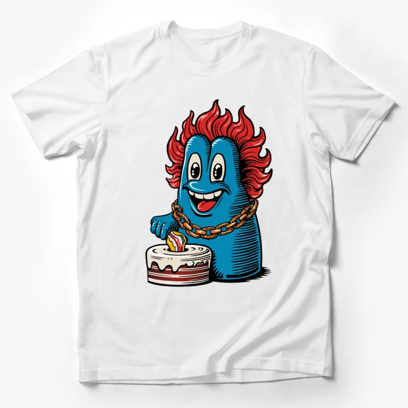 cartoon character blue monster red hair gold chain birthday cake cute funny illustration Male T-Shirt