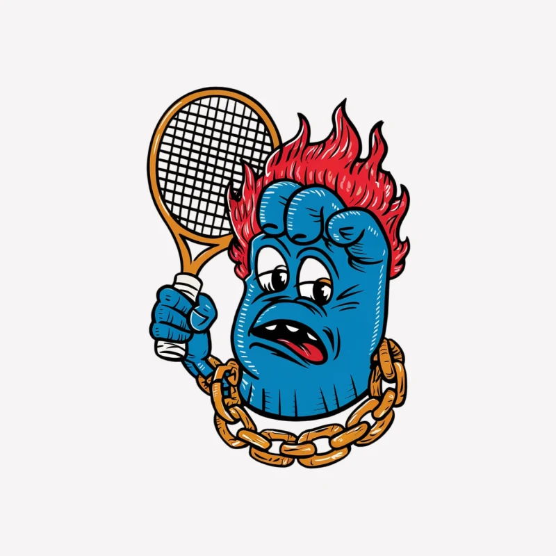 cartoon character tennis racket flames blue creature chain necklace sports masco Male T-Shirt