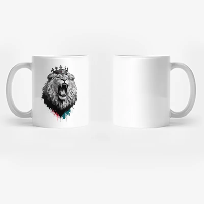 Crowned Lion's Roar: A Majestic Black and White Portrait with Colorful Accents Coffee Mug