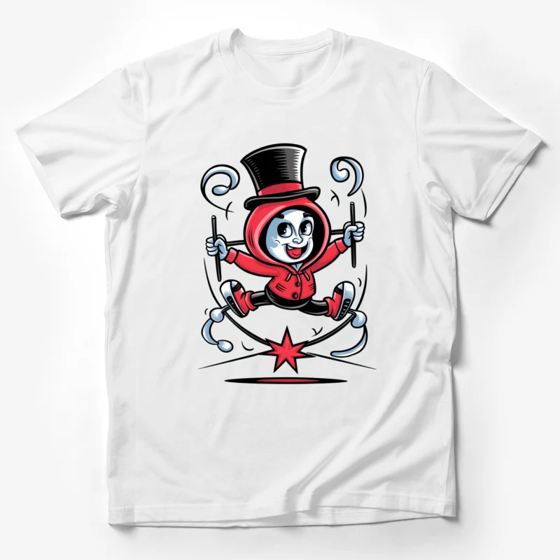 cartoon character top hat red outfit magic wand jumping star whimsical masco Male T-Shirt