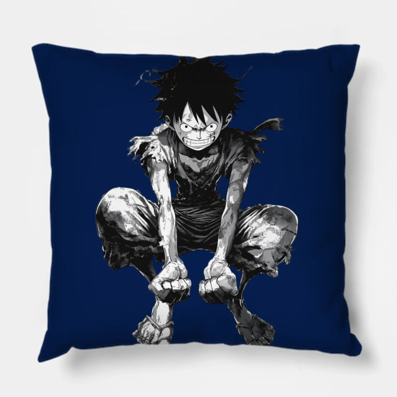 Gritty Manga Hero: Resilient Warrior in Tattered Garb Throw Pillow