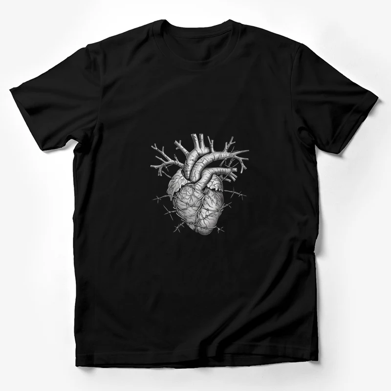 heart anatomy barbed wire medical illustration black and white symbolic artistic Male T-Shirt