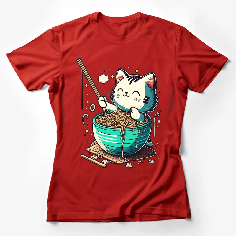 Cat ramen bowl chopsticks cute illustration kawaii anime style food art Female T-Shirt