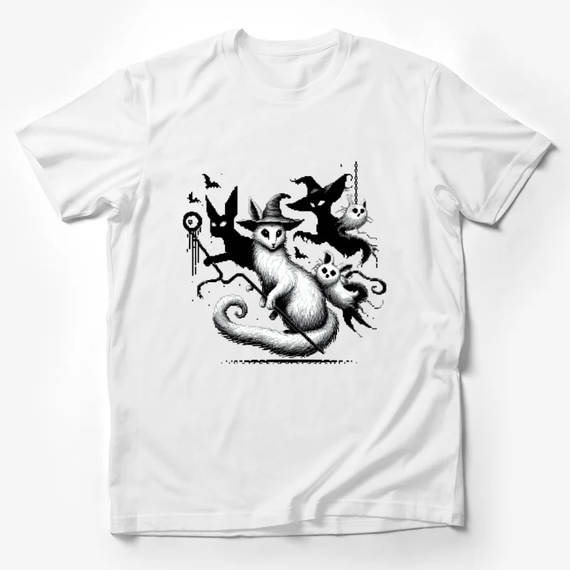 halloween cats witch bats spooky black and white illustration Male T-Shirt