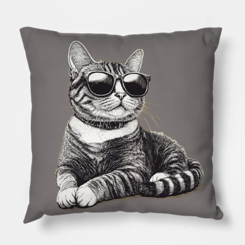 Cool Cat in Sunglasses: Stylish Feline Sketch Throw Pillow