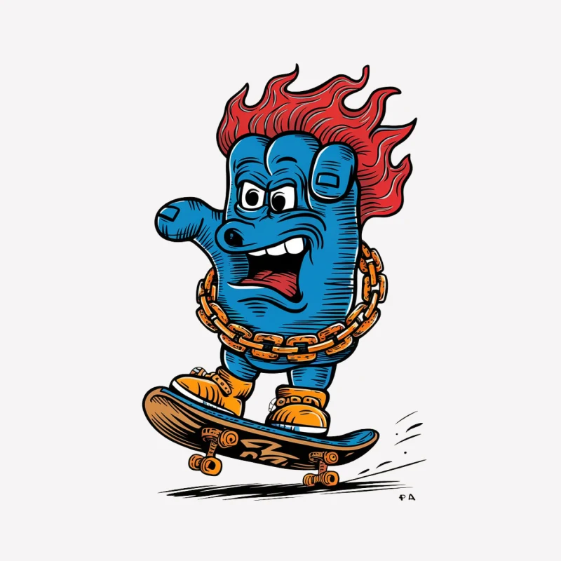 cartoon character skateboarding flame hair blue monster gold chain comic style Female T-Shirt