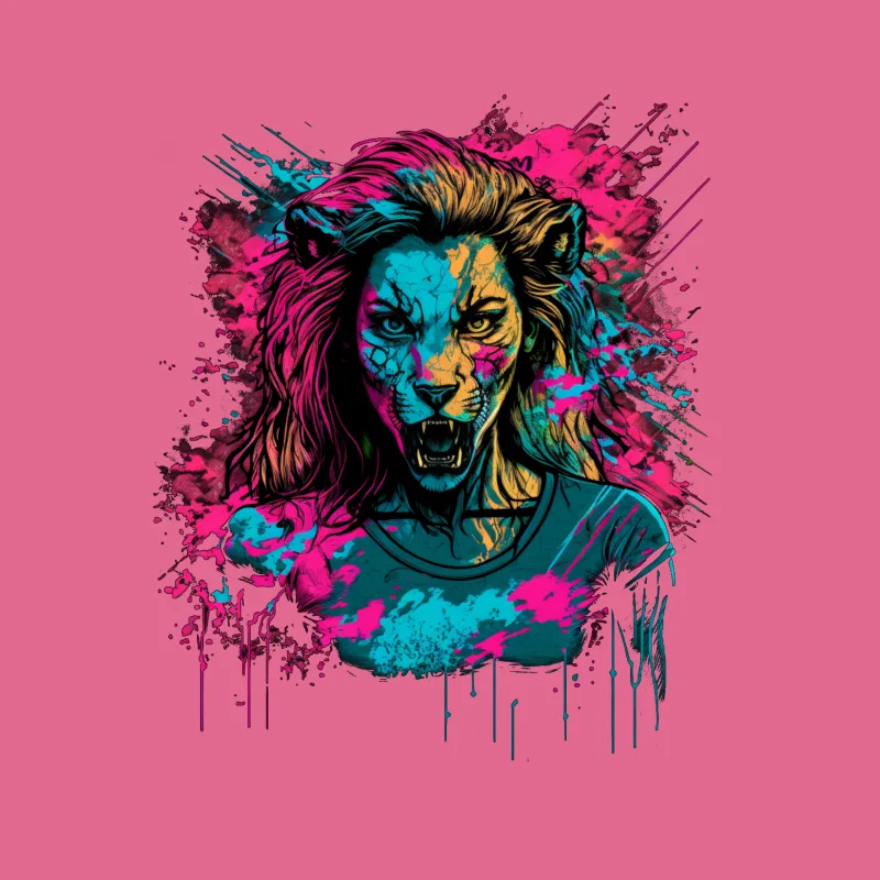 lioness colorful abstract art splatter paint fierce vibrant illustration Female T-Shirt