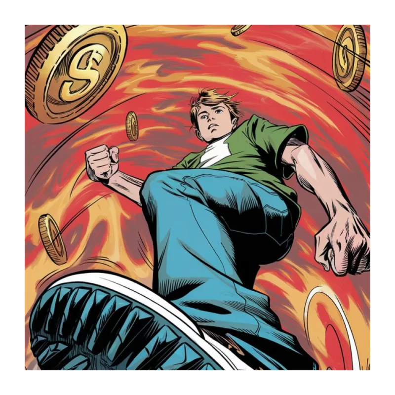 Dynamic Superhero Leaps Through Swirling Coins Pin
