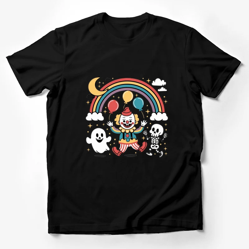 clown rainbow balloons ghost skeleton cartoon illustration whimsical Male T-Shirt