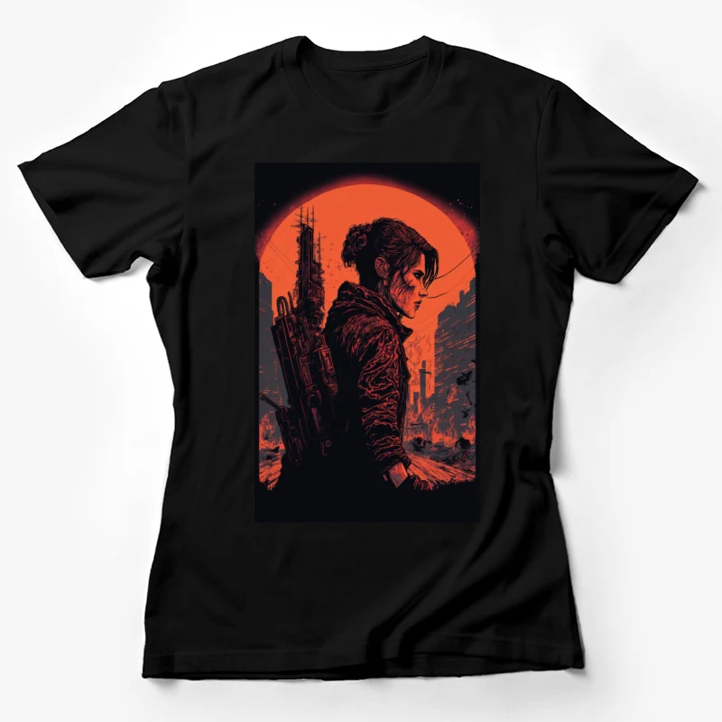 Cyberpunk dystopia sci-fi futuristic apocalyptic silhouette orange sunset urban landscape Female T-Shirt