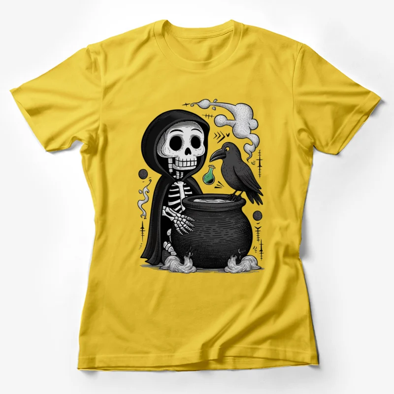 skeleton cauldron raven potion halloween gothic cartoon black and white Female T-Shirt