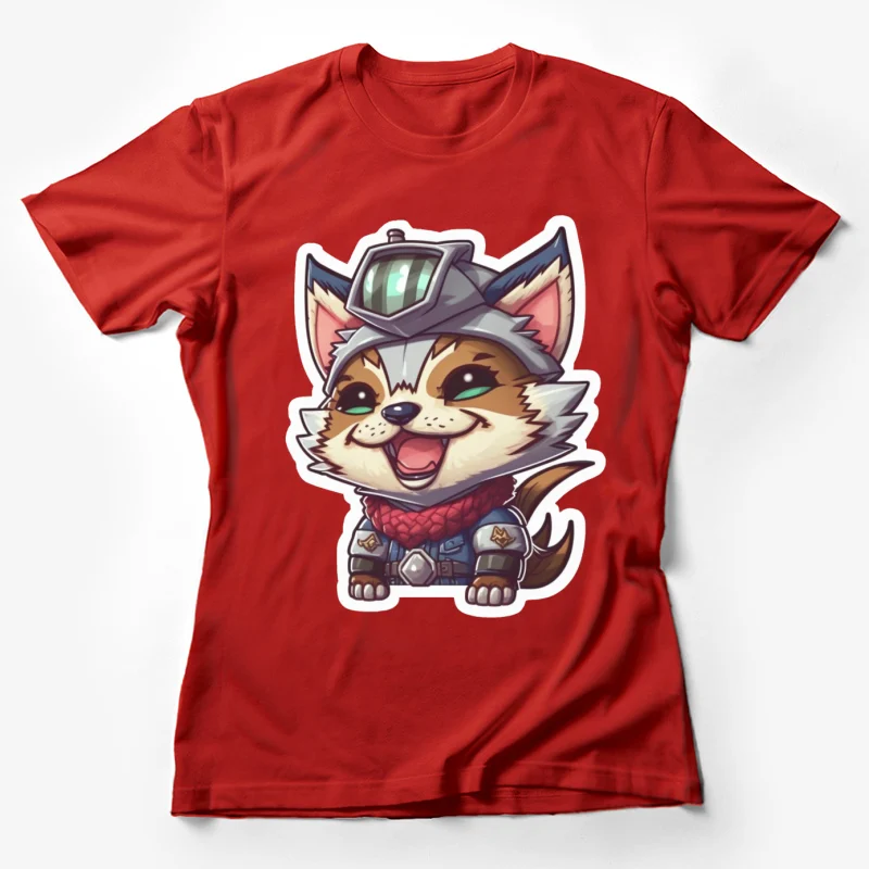 Cat cute animal aviator hat red scarf armor fantasy character Female T-Shirt