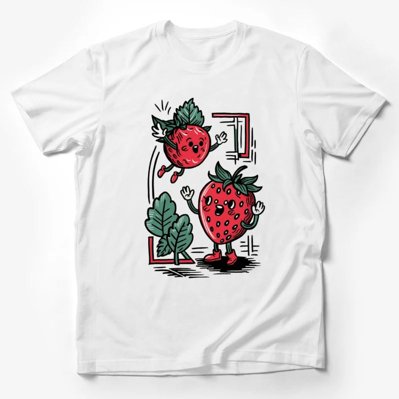 strawberry characters cartoon fruit cute illustration anthropomorphic food red and green whimsical art hand-drawn style Male T-Shirt