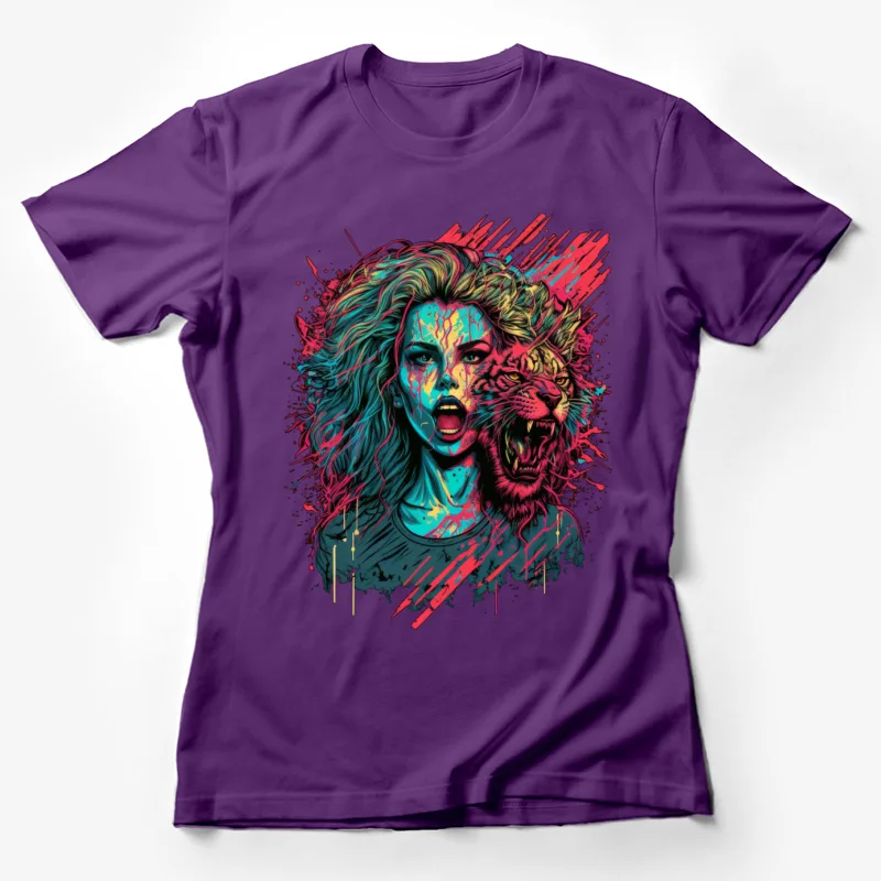 Portrait woman and tiger surreal abstract graffiti style vibrant colors Female T-Shirt