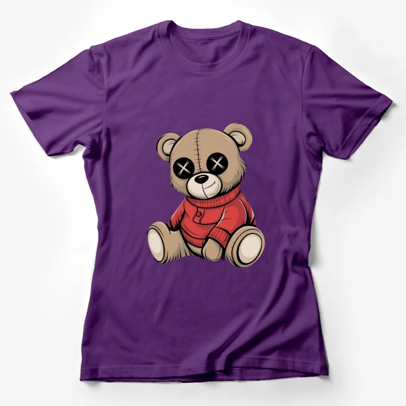 Cartoon Teddy Bear with Red Sweater and Stitched Eyes Female T-Shirt