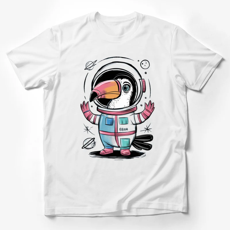 oucan astronaut space illustration cartoon character whimsical art cosmic bird space exploration cute masco Male T-Shirt