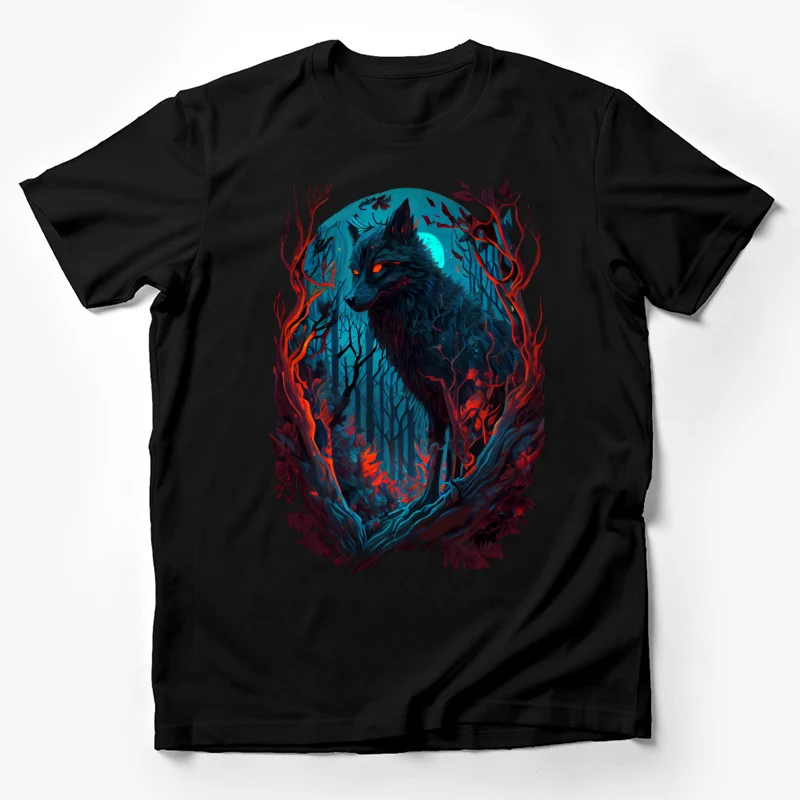 Wolf forest fantasy art dark atmosphere red and blue Male T-Shirt