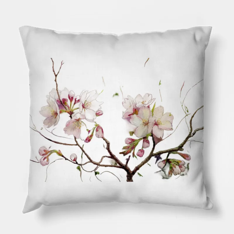 Delicate Cherry Blossoms Blooming on Spring Branch Throw Pillow