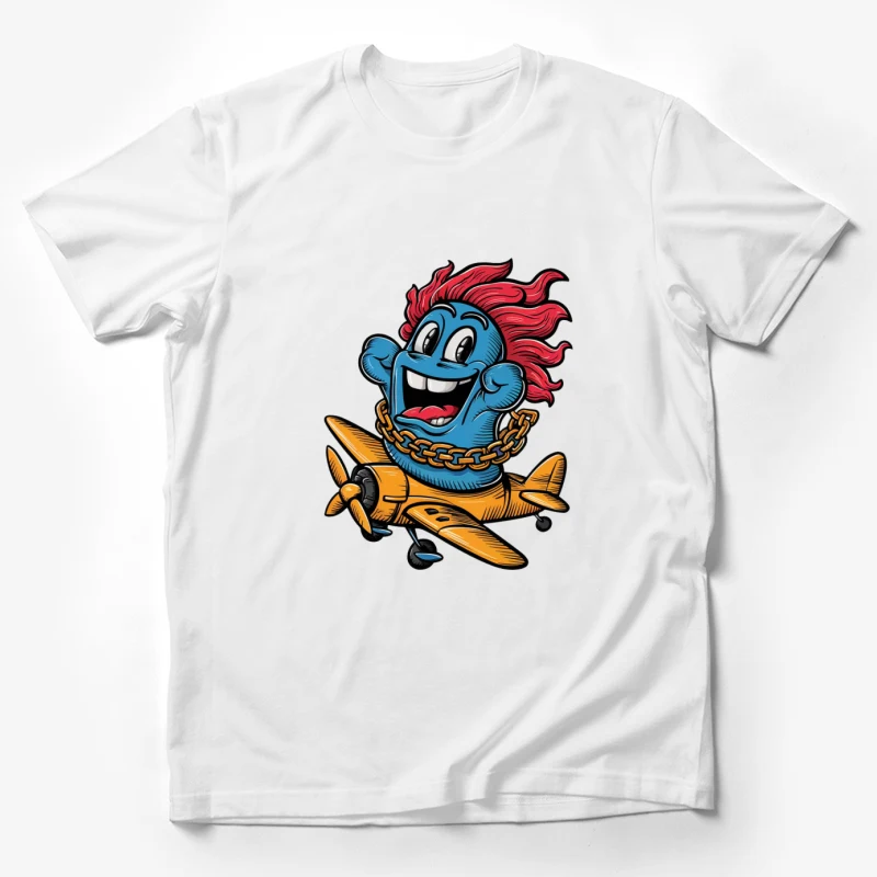 cartoon character blue creature red hair airplane gold chain smiling comic style illustration Male T-Shirt