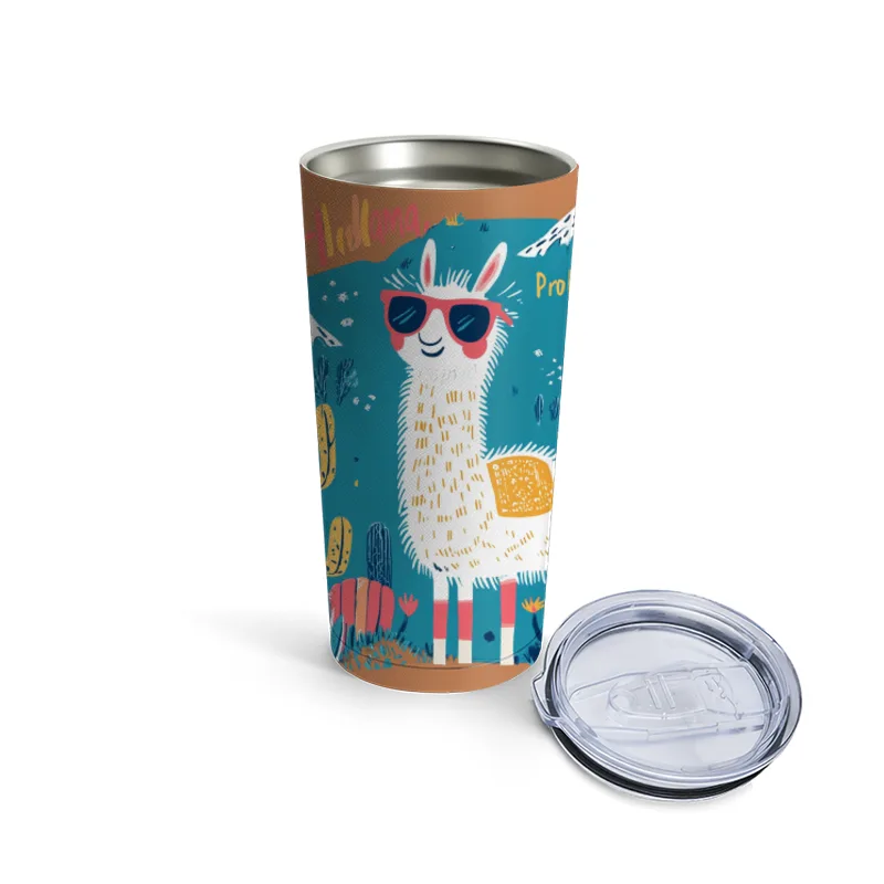 Cool Cartoon Llama with Sunglasses in Cactus Mountain Landscape Travel Mug