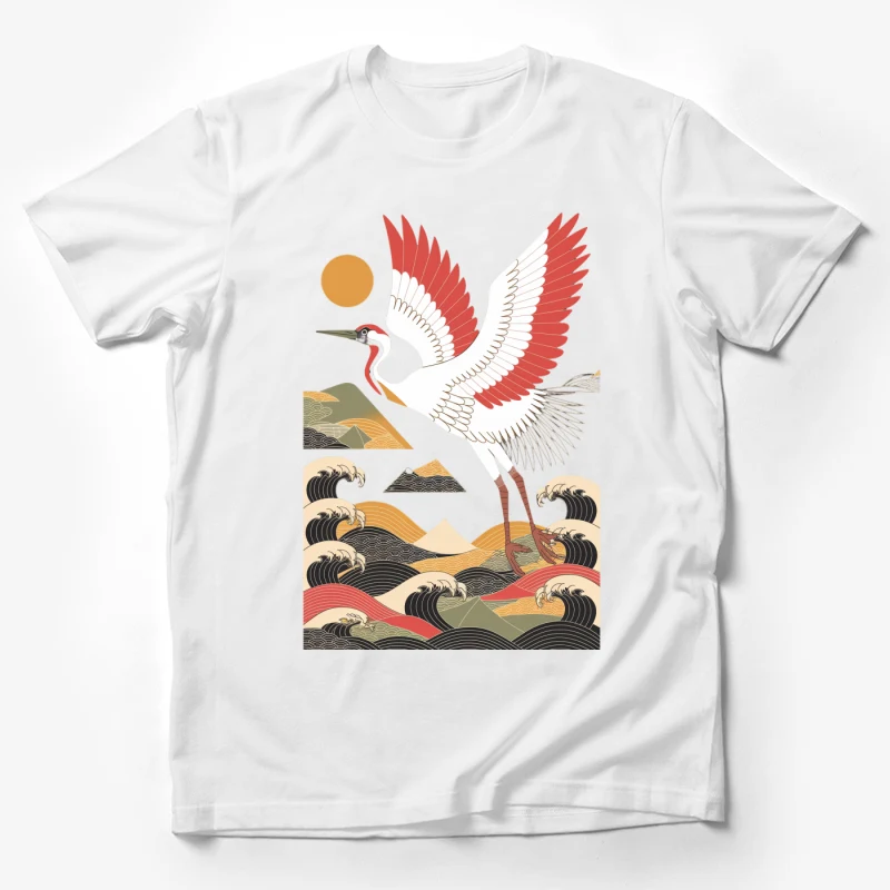 Stylized Japanese Crane Over Geometric Waves at Sunset Male T-Shirt