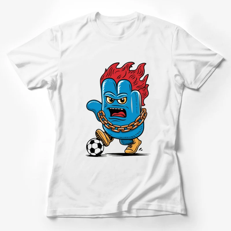 cartoon character blue creature fire hair soccer ball gold chain angry expression sports illustration Female T-Shirt