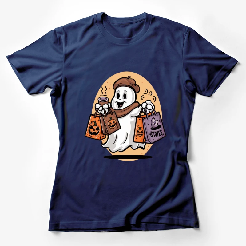 Halloween ghost cartoon character trick-or-treat bags coffee cup autumn beret scarf cute Female T-Shirt