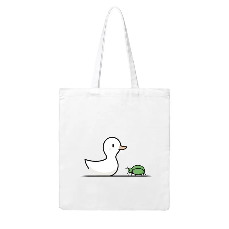 Minimalist Cartoon Drawing of White Duck Meeting Green Beetle Cotton Tote Bag