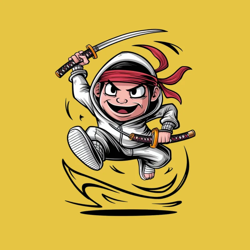 cartoon character ninja samurai sword action pose chibi style white outfit red headband Female T-Shirt