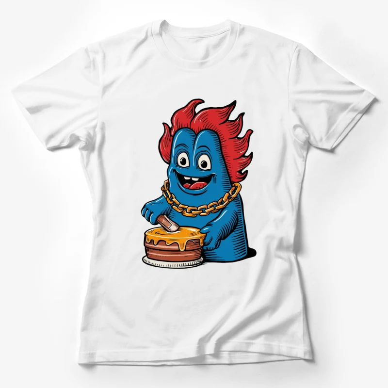 cartoon character blue monster flame hair gold chain cake humor illustration Female T-Shirt