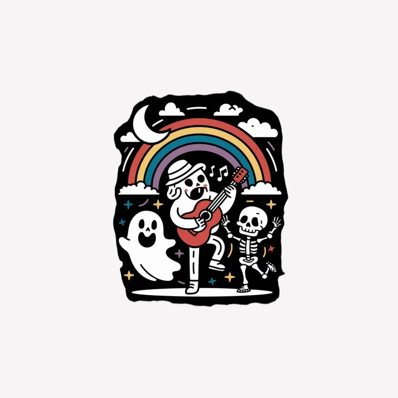 illustration cartoon ghost skeleton rainbow guitar music halloween Male T-Shirt