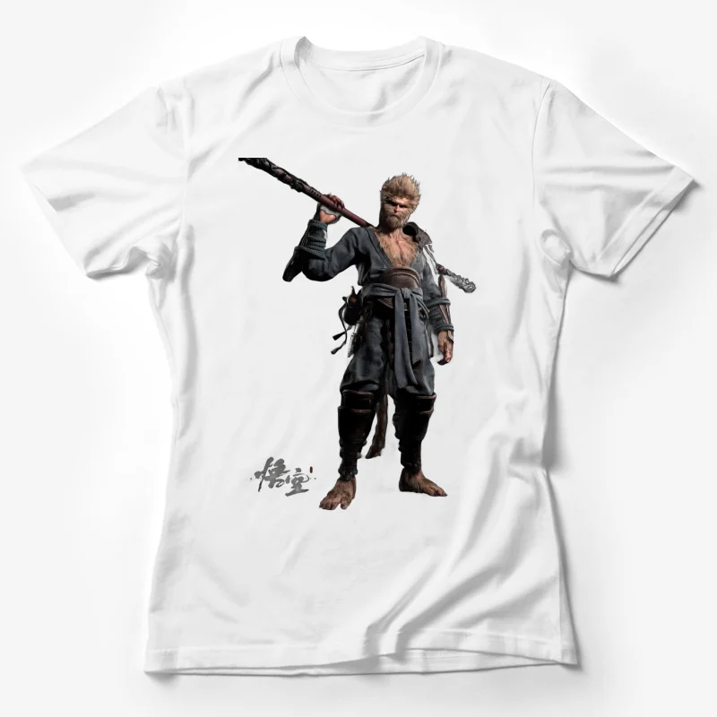 Black Myth Wukong warrior mythical creature staff weapon fantasy character Chinese mythology action pose anthropomorphic Female T-Shirt