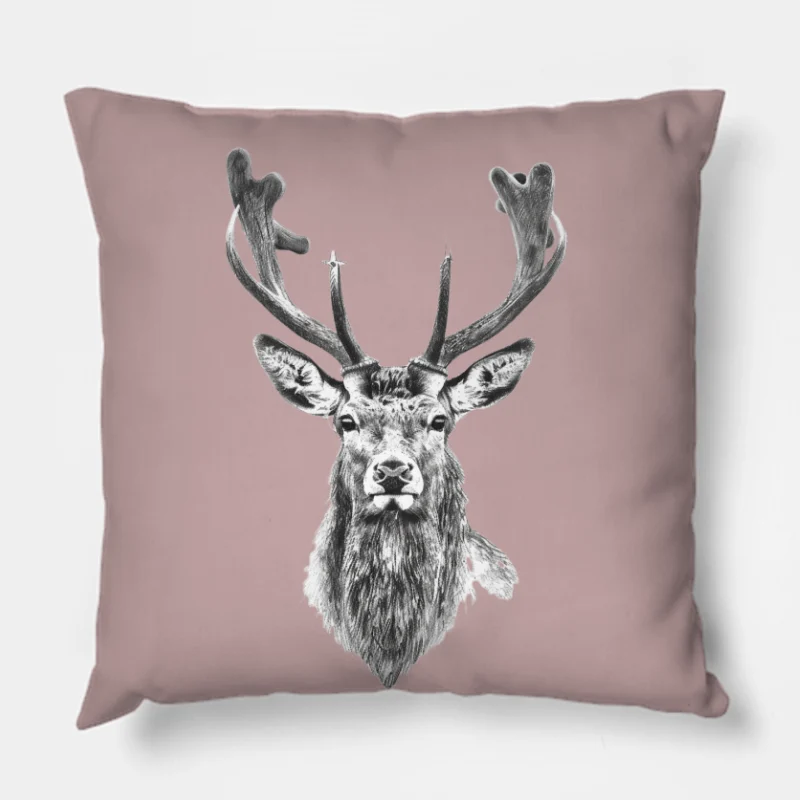 Majestic Deer Portrait: Wildlife Sketch in Black and White Throw Pillow