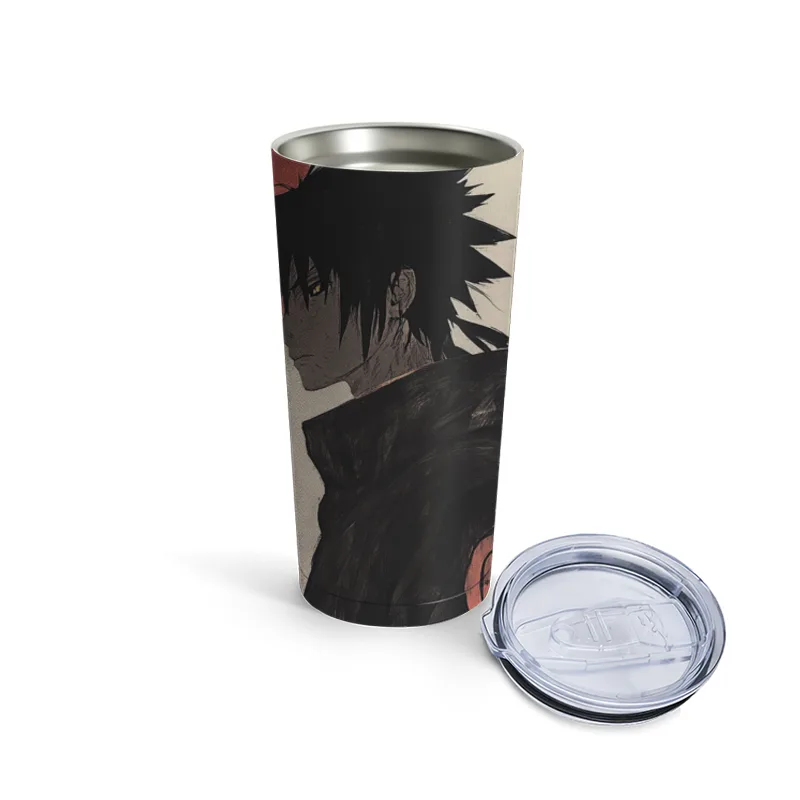 Brooding Anime Character with Red Sun and Spiral Symbol Travel Mug