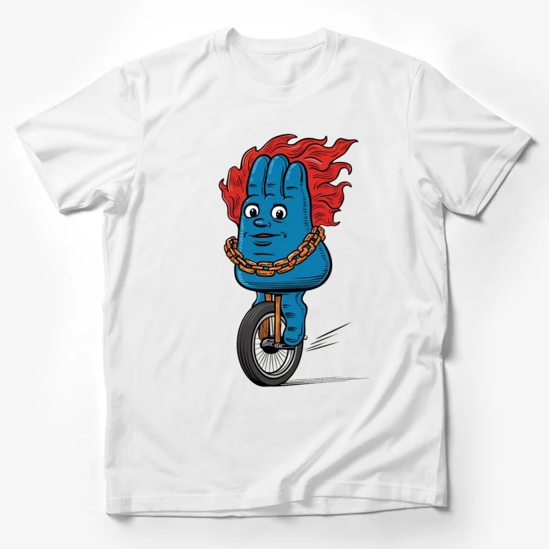 cartoon character blue creature unicycle red hair gold chain surreal whimsical illustration Male T-Shirt