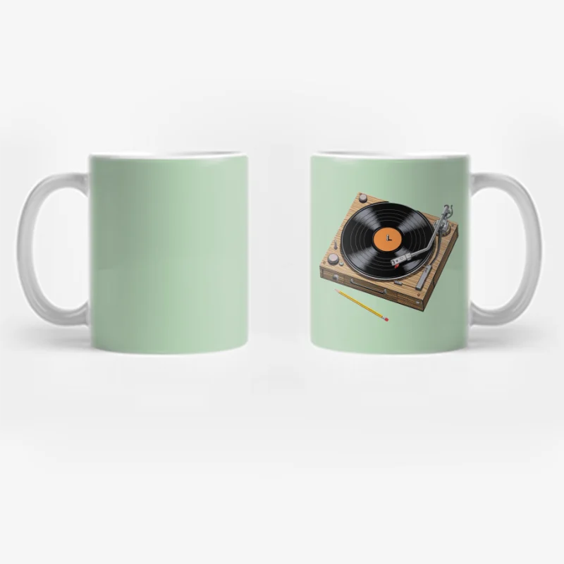 Vintage Wooden Turntable with Vinyl Record and Pencil Coffee Mug