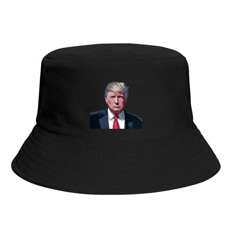 Digital Portrait Illustration with Navy Suit and Red Tie Bucket Hat