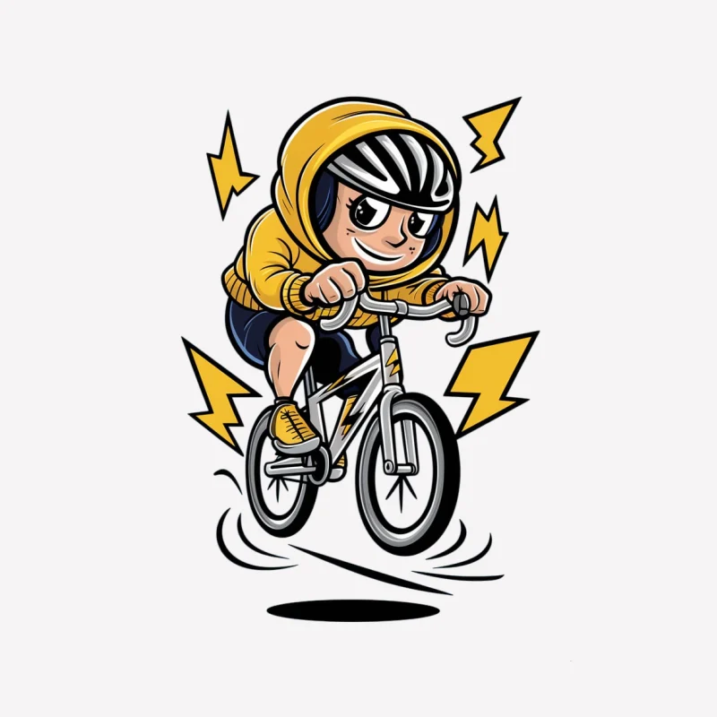 cartoon character cyclist bicycle yellow hoodie lightning bolts action speed animated style Male T-Shirt