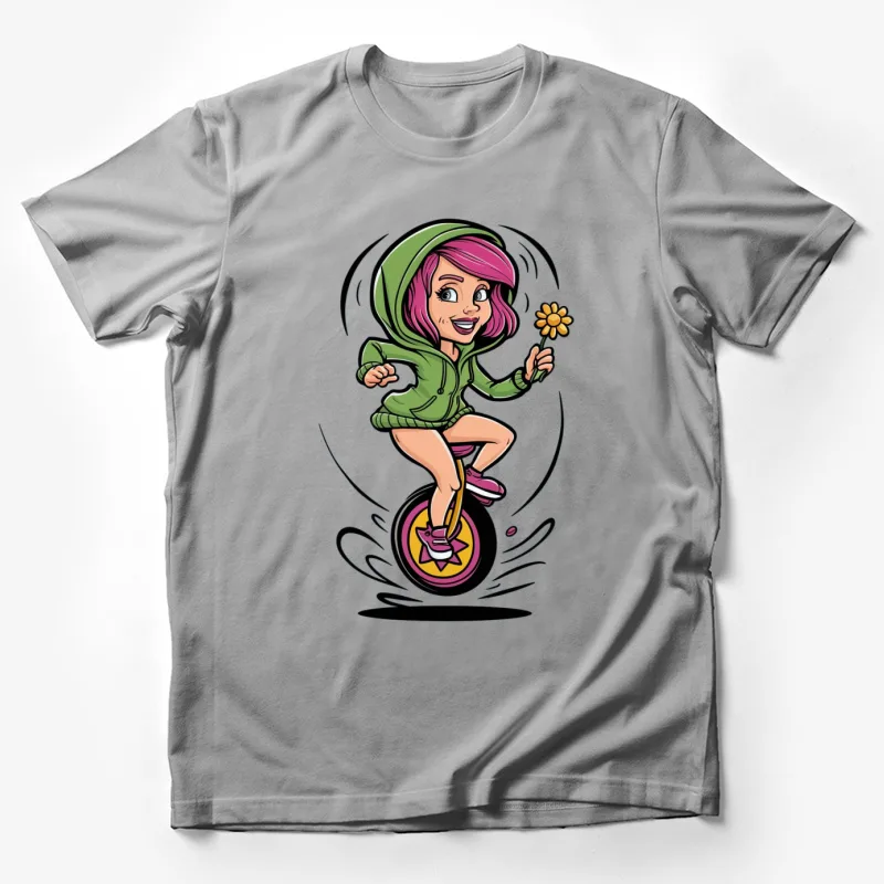 cartoon unicycle girl pink hair green hoodie flower cheerful energetic Male T-Shirt