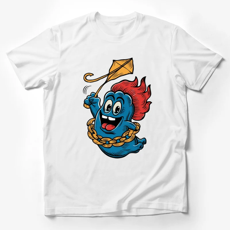 cartoon character blue ghost kite red hair gold chain happy expression retro style illustration Male T-Shirt