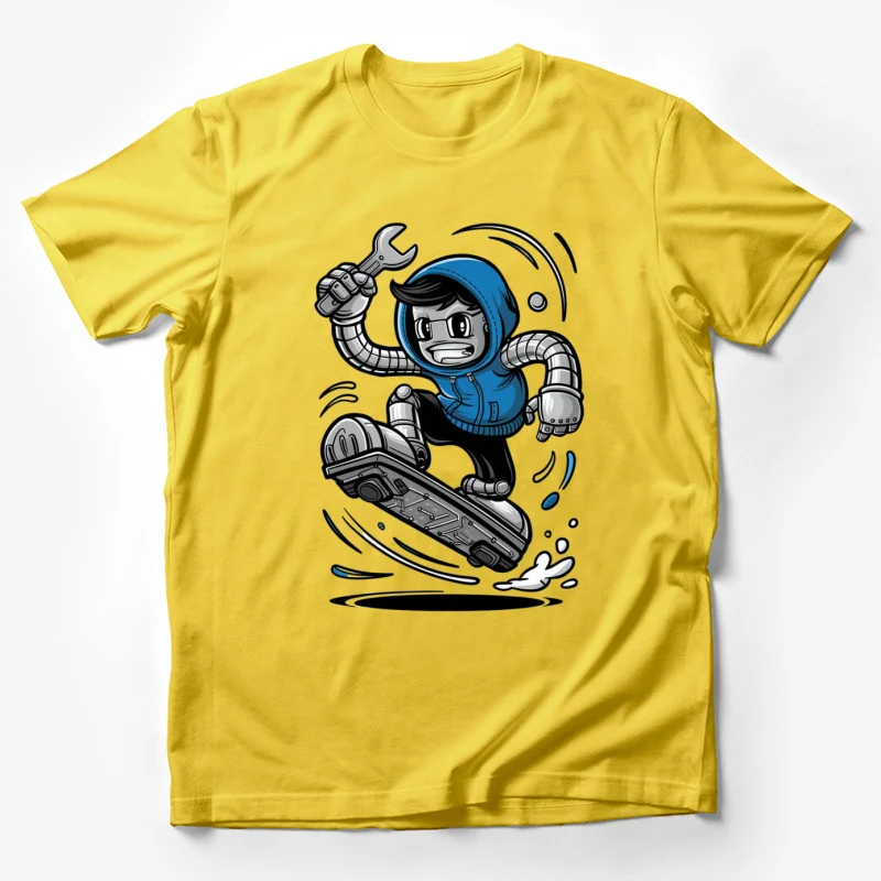 cartoon character skateboarding robot wrench blue hoodie action pose mechanical arms animated style Male T-Shirt