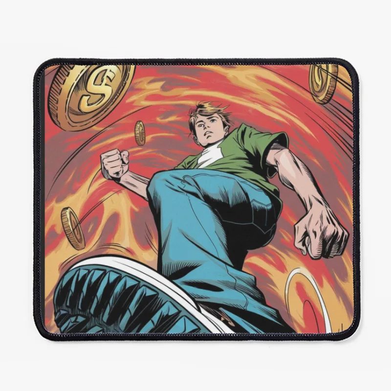 Dynamic Superhero Leaps Through Swirling Coins Mouse Pad