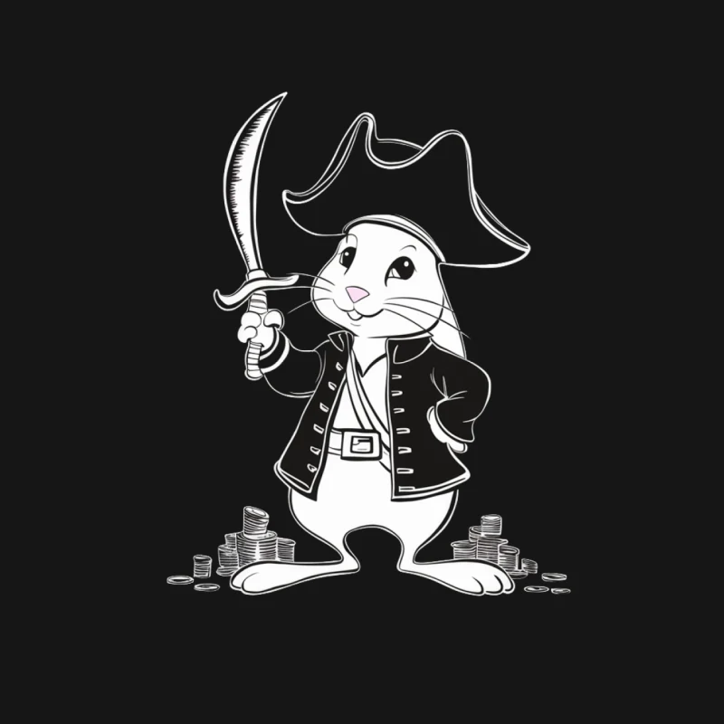 cartoon rabbit pirate costume sword coins black and white illustration anthropomorphic animal sketch T-Shirt Male T-Shirt