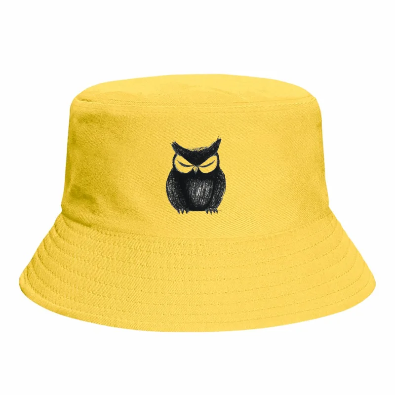 Angry Owl Sketch: Black and White Cartoon Illustration Bucket Hat